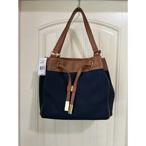 MICHAEL KORS MARINA HANDBAG LARGE NAVY BLUE BROWN CANVAS BROWN TRIM NWT